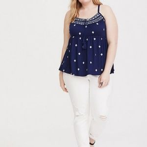 TORRID Navy Embroidered Babydoll Tank